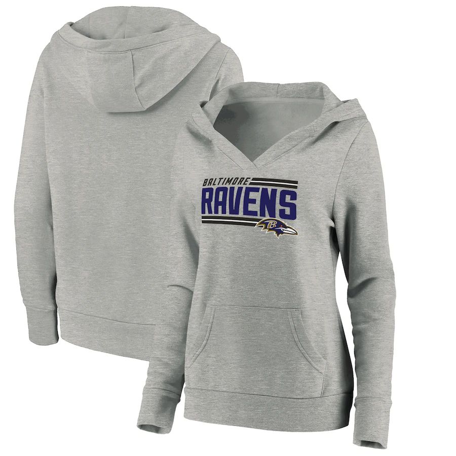 Women Baltimore Ravens Fanatics Branded Heathered Gray On Side Stripe V-Neck Pullover Hoodie->women nfl jersey->Women Jersey